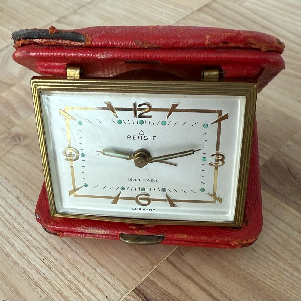 Rensie Travel Alarm Clark Rare Vintage Seven Jewels White Dial Red Leather Case